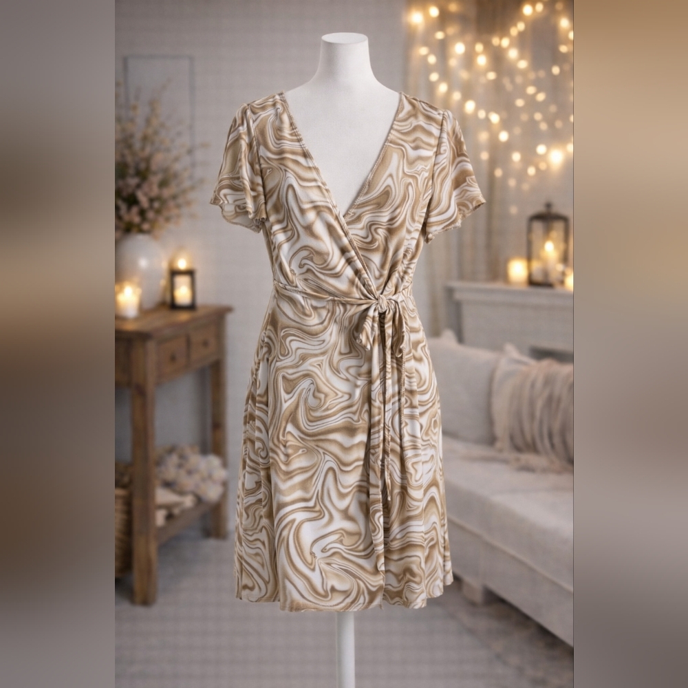 Caution To The Wind Beige White Marble Print Wrap Dress Short Sleeve Tie Waist